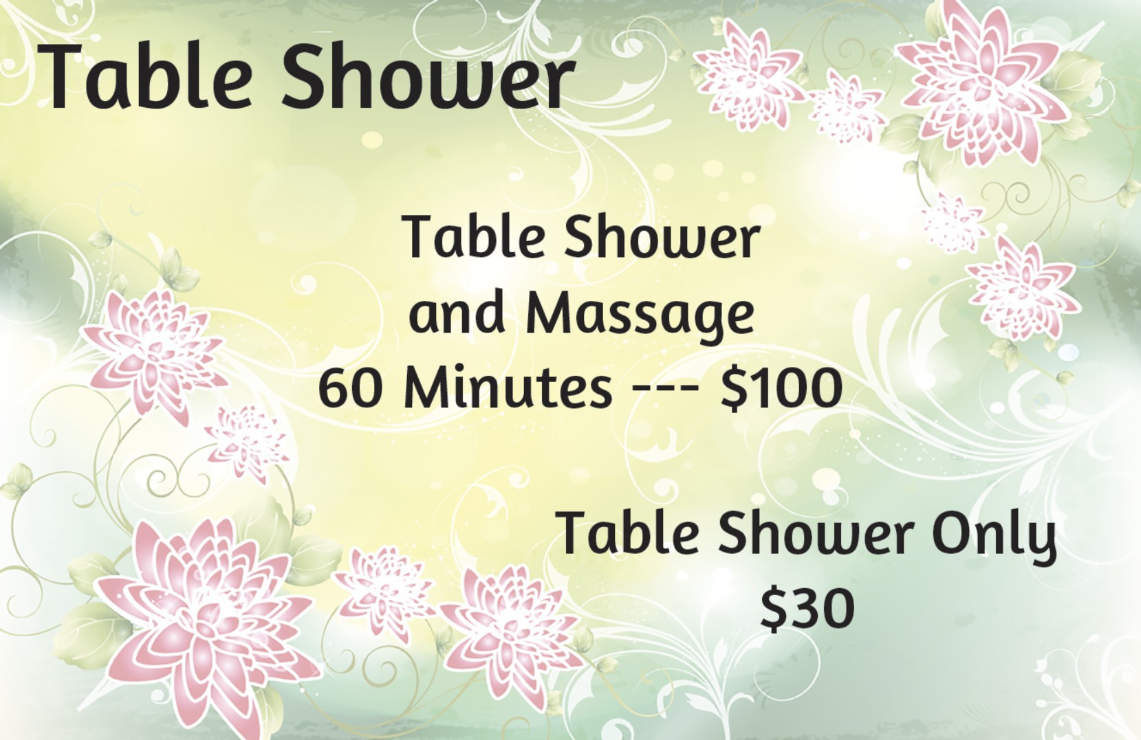 Table shower service options and prices at Pace Massage